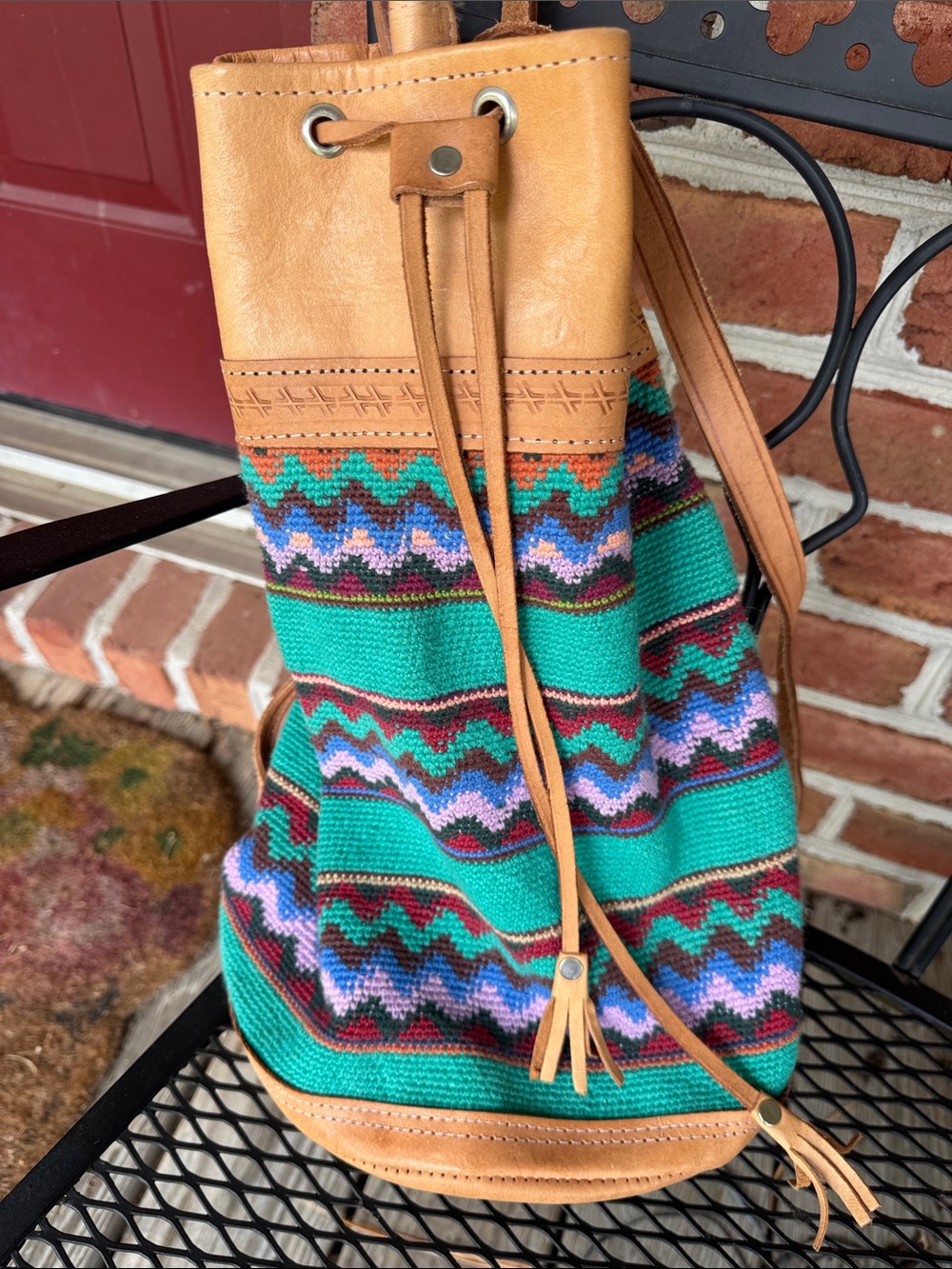 Boho Turquoise Guatemala Drawstring Bucket Backpack bag